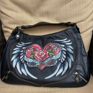 Isabella Fiore Black Leather Hobo with Winged Heart Painting
